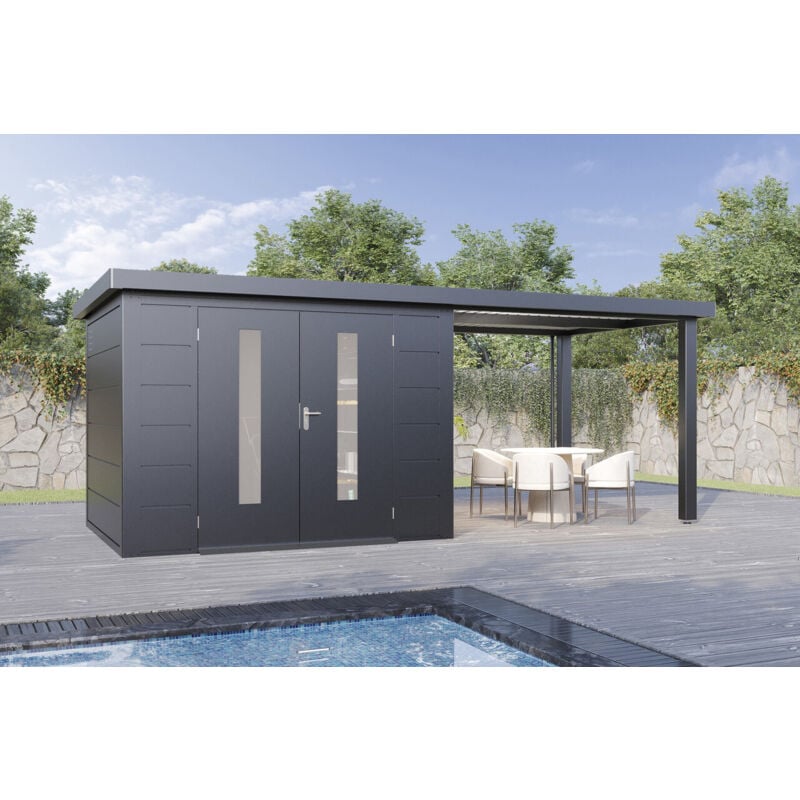 Wolff Finnhaus Metall-Gerätehaus Elvar 6024 Anthrazit Gerätehaus aus Metall in Anthrazitgrau, Geräteschrank inklusive Terrasse inklusive Schleppdach