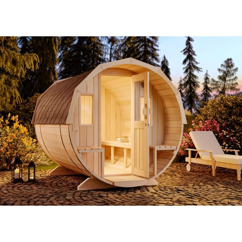 Fass-Sauna Sam Fasssauna 2 Sitzbänke aus Holz, Sauna mit 40 mm Wandstärke, Außensauna mit Montagematerial - Finntherm