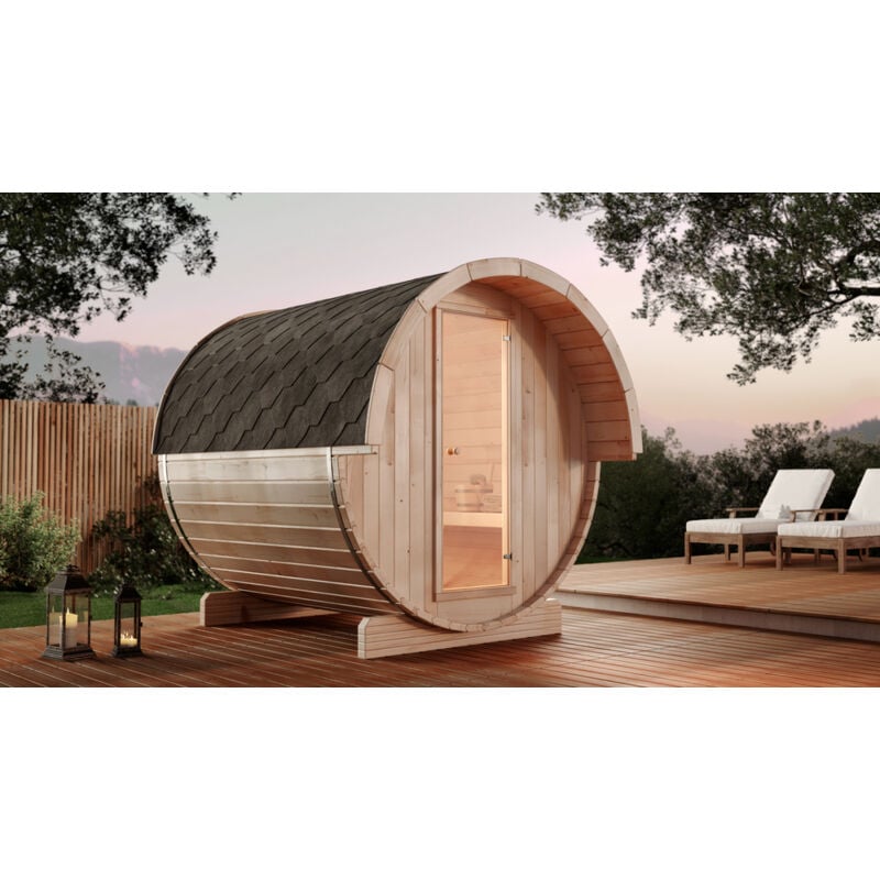 Fasssauna Samantha Fasssauna 2 Sitzbänke aus Holz, Sauna mit 42 mm Wandstärke, Außensauna mit Montagematerial - Finntherm