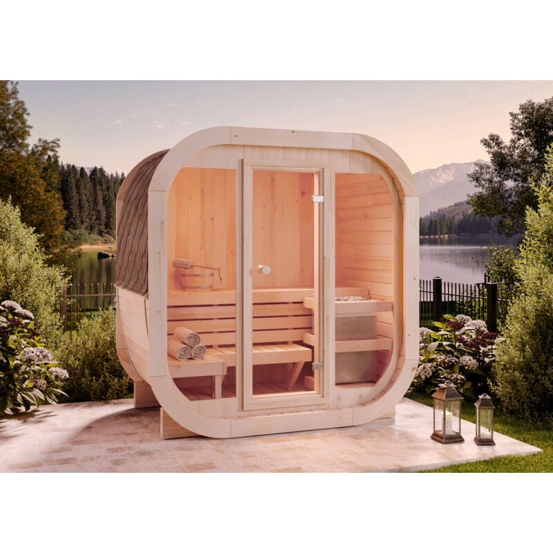 Fasssauna ScandiCube Mini xxs Fasssauna 1 Sitzbänke aus Holz, Sauna mit 42 mm Wandstärke, Außensauna mit Montagematerial - Finntherm