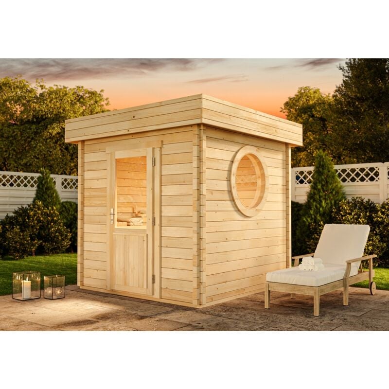 Saunahaus Cubus-70 a Gartensauna 3 Sitzbänke aus Holz, Sauna mit 70 mm Wandstärke, Außensauna mit Montagematerial - Finntherm