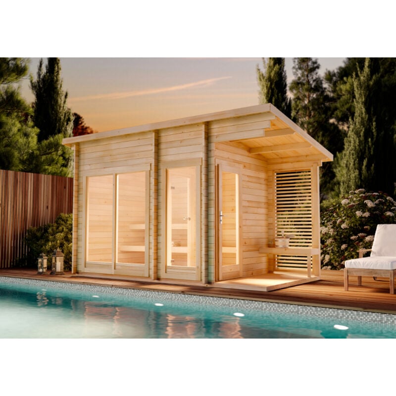 Saunahaus Lizzy m Gartensauna 2 Sitzbänke aus Holz, Sauna mit 40 mm Wandstärke, Außensauna mit Montagematerial - Finntherm