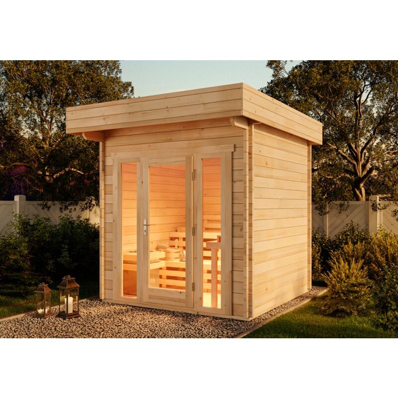 FinnTherm Saunahaus Lupoa-44 Gartensauna 3 Sitzbänke aus Holz, Sauna mit 44 mm Wandstärke, Außensauna mit Montagematerial