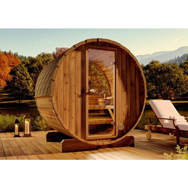 FinnTherm Terrassen-Fass-Sauna Fasssauna 3 Sitzbänke aus Holz, Sauna mit 42 mm Wandstärke, Außensauna mit Montagematerial