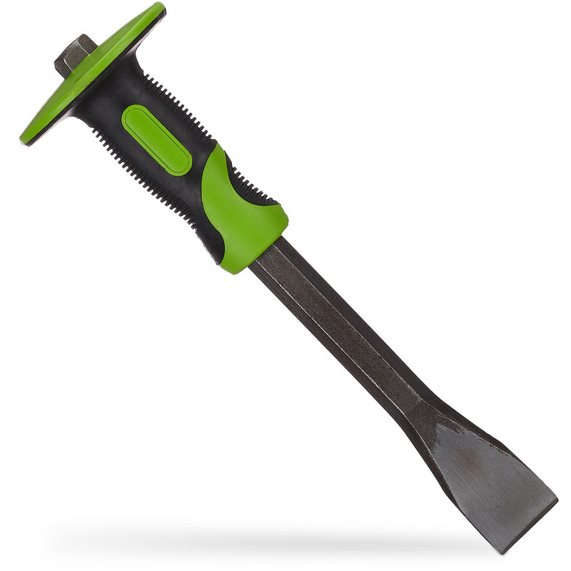Relaxdays - Flachmeißel mit Handschutz, präziser Putzmeißel, 35mm Fliesen Meißel, Stahl & Gummi, 29 cm lang, grün/schwarz