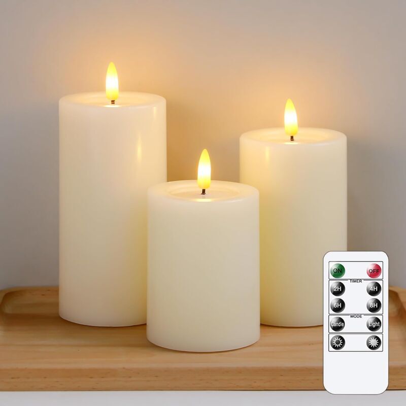 Flammenlose LED-Kerzen mit Wachs-Öl-Effekt, flackernde Fernbedienung, 3er-Pack, Elfenbein-Säule, batteriebetriebener Timer, elektrische Kerzen aus