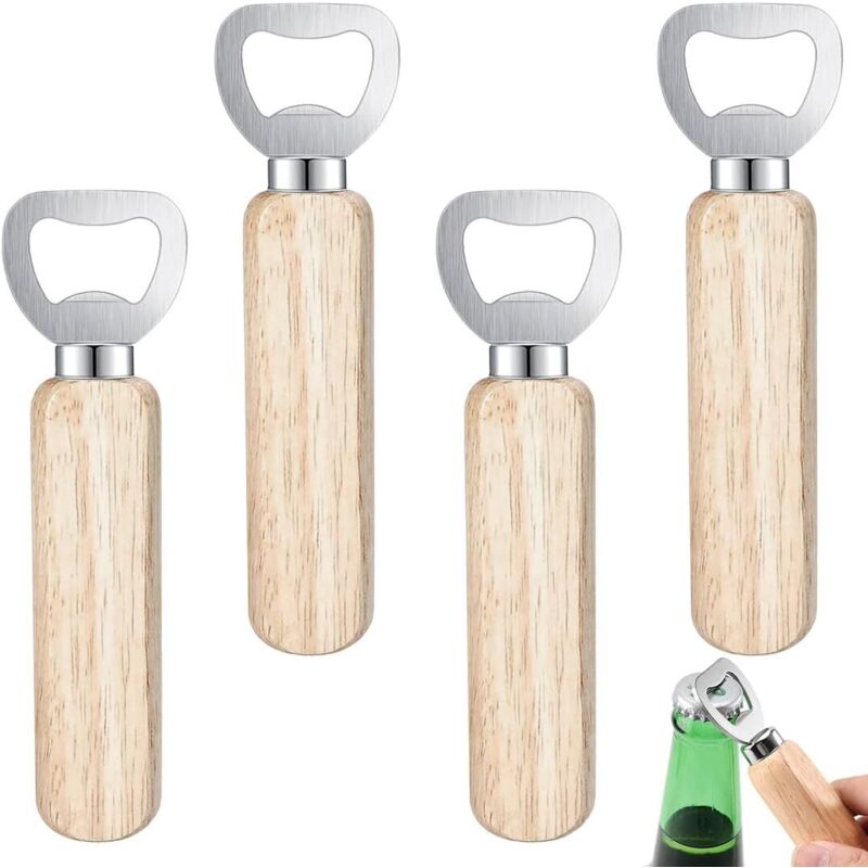 Flaschenöffner, 4 Stück Manueller Bierflaschenöffner, Edelstahl-Flaschenöffner mit Holzgriff, Geschenk für Bar, Zuhause, Küche, Männer