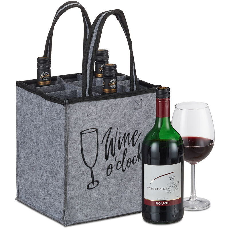 Relaxdays - Flaschentasche, 9 Flaschen, Flaschenträger mit Spruch, hbt 45 x 24 x 24 cm, Filztasche Wein, Bier & Sekt, grau