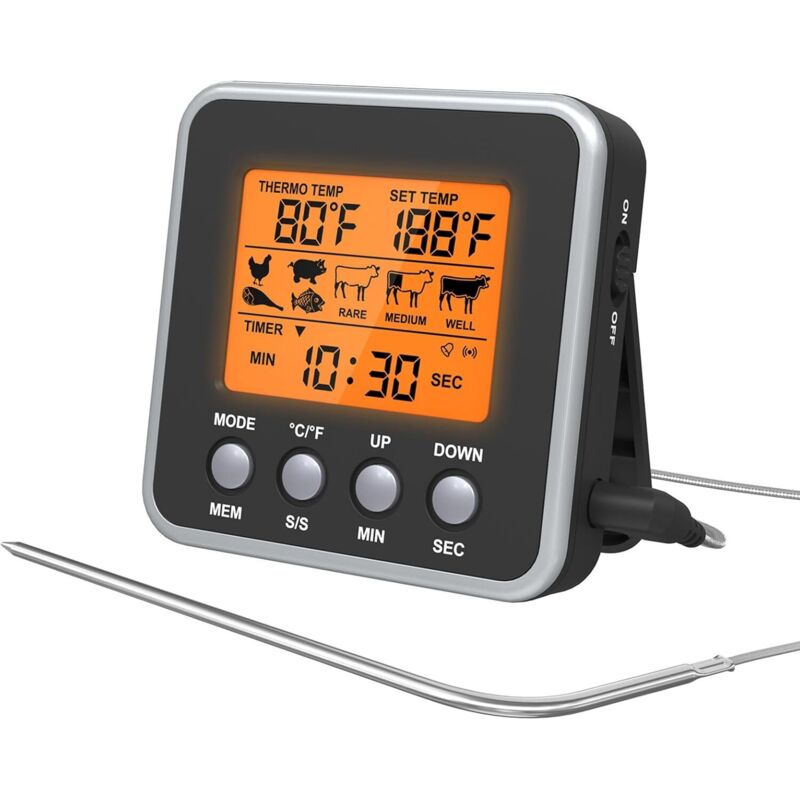 Fleischthermometer zum Kochen, Lebensmittelthermometer mit Sonde zum Grillen von Fleisch, BBQ, Wasser, Milch, Wein, Flüssigkeiten, mit 7