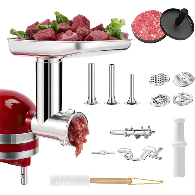 Fleischwolf-Aufsatz für KitchenAid Küchenmaschinen, inklusive Wurstfüller, Reinigungsbürste und Edelstahl-Schneide- und Reibeset für KitchenAid
