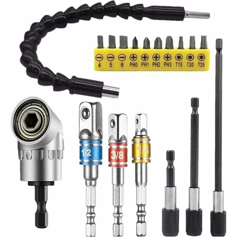 Gabrielle - Flexibler Bohrer-105°-Adapter – 3 Akkuschrauber-Adapter (1/4, 3/8, 1/2 Zoll), 1 flexibles Winkelverlängerungsset.