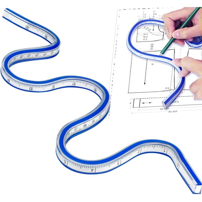 Ersandy - Flexibles Lineal, 50 cm PVC-Lineal, biegbares Kurvenlineal Klar flexible Kurve, doppelseitiges Kunststoff-Schlangenlineal für Büro, Schule,