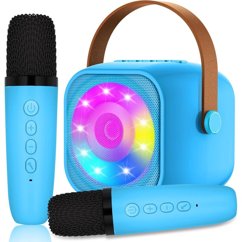 Micqutr Kinder-Karaokemaschine mit 2 Mikrofonen, kabellosem Karaoke-Mikrofon, Bluetooth-Lautsprecher mit Mikrofon, Karaoke-Spielzeug mit LED-Licht