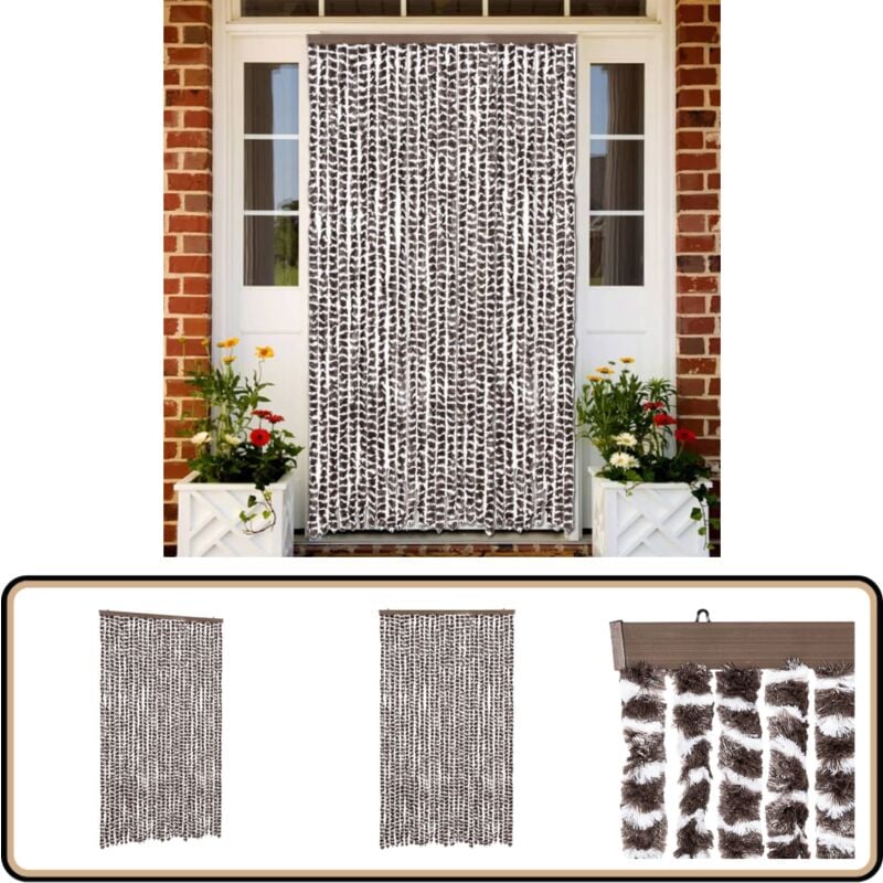 Fliegenvorhang Braun und Weiß 118x220 cm Chenille - Fliegenvorhang - Insektenschutz - Türvorhang - Moskitonetz - Sommergarten
