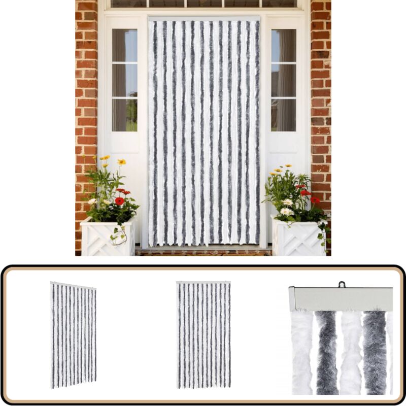Fliegenvorhang Grau und Weiß 100x200 cm Chenille - Fliegenvorhang - Insektenschutz - Türvorhang - Moskitonetz - Sommergarten