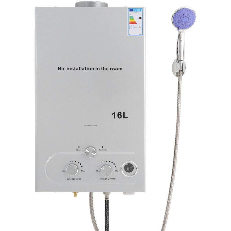 Flüssiggas-Durchlauferhitzer 16 l 32 kW LPG-Wassererhitzer, Durchlauferhitzer ohne Speicher mit verzinktem Duschkopf und Duschschlauch