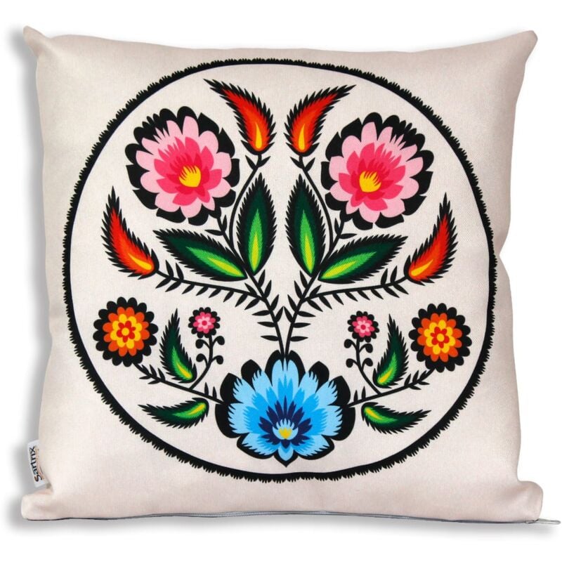 Folk-Kissenbezug aus Łowicz, rosa Blumen, beige Ausschnitt