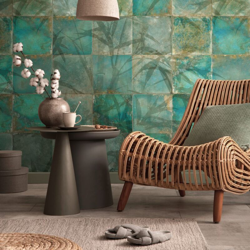 Profhome - Fototapete 393141 heißgeprägte Vliestapete glatt mit floralen Ornamenten matt grün smaragd-grün türkis-grün oliv 1,59 m x 2,8 m