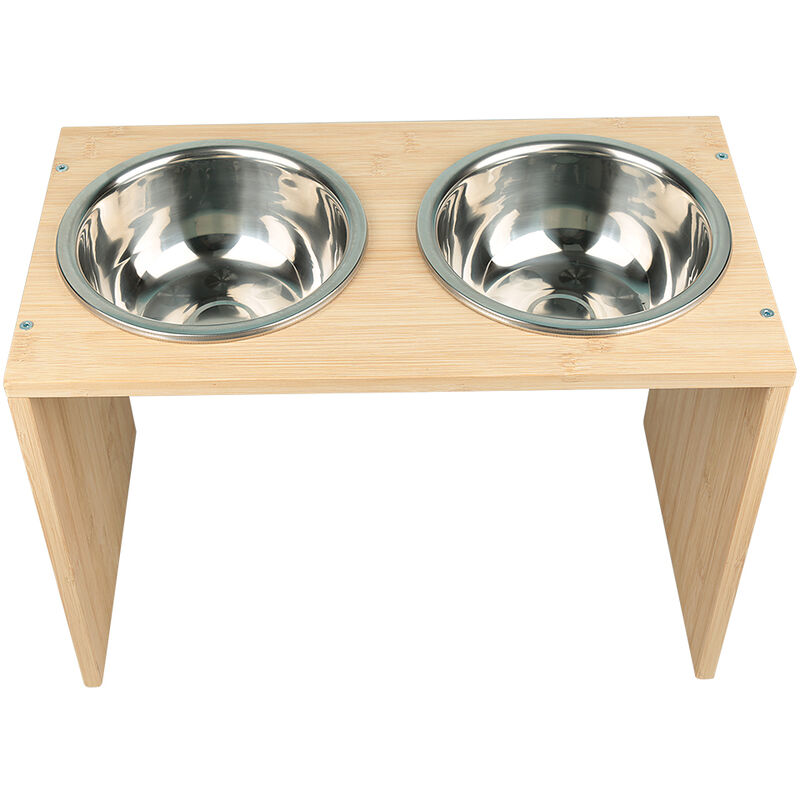 Für Katzen und Hunde Bambus mit 2 Edelstahlnäpfen, Katzen-Napf, erhöht Doppel-Fressnapf, Futterstation Futternapf-Halterung 2 x 0.3 l Erhöhter