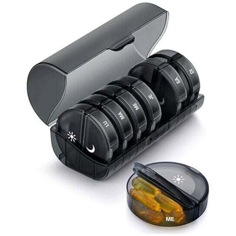 Tigrezy - Französisch – Schwarz) Wöchentliche Pillendose für Morgen und Abend, runde Pillendose für 7 Tage, 14 Fächer, mehrfarbige Pillendose,