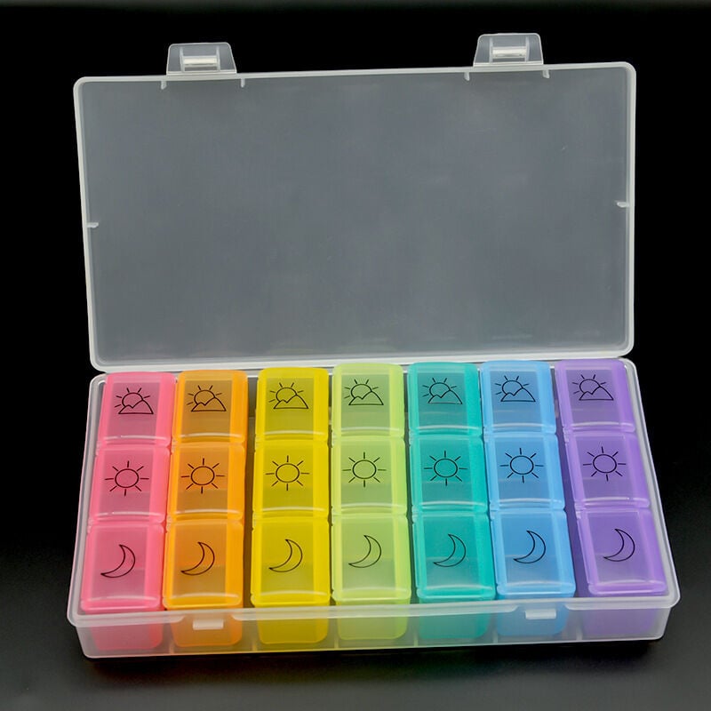 Französische Wochen-Pillenbox für morgens, mittags, abends und nachts, kleine Pillendosen für Medikamente, 7 Tage, 21 Fächer