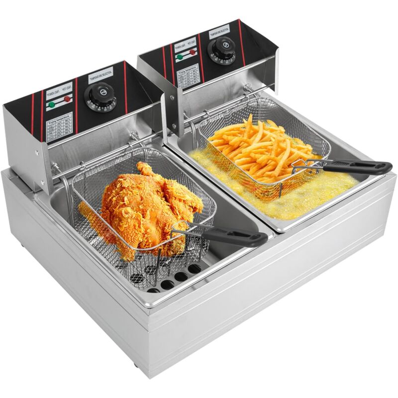 Friteuse Edelstahl, 5000W Elektrische Doppel Fritöse mit Frittierkorb und Edelstahldeckel Profi Fritteuse Multi Funktions Fettbackgerät 12L