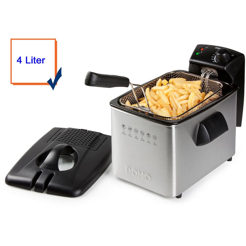 Domo - Kaltzonen Fritteuse Edelstahl Sichtfenster Deckel, 3000W, 4 Liter