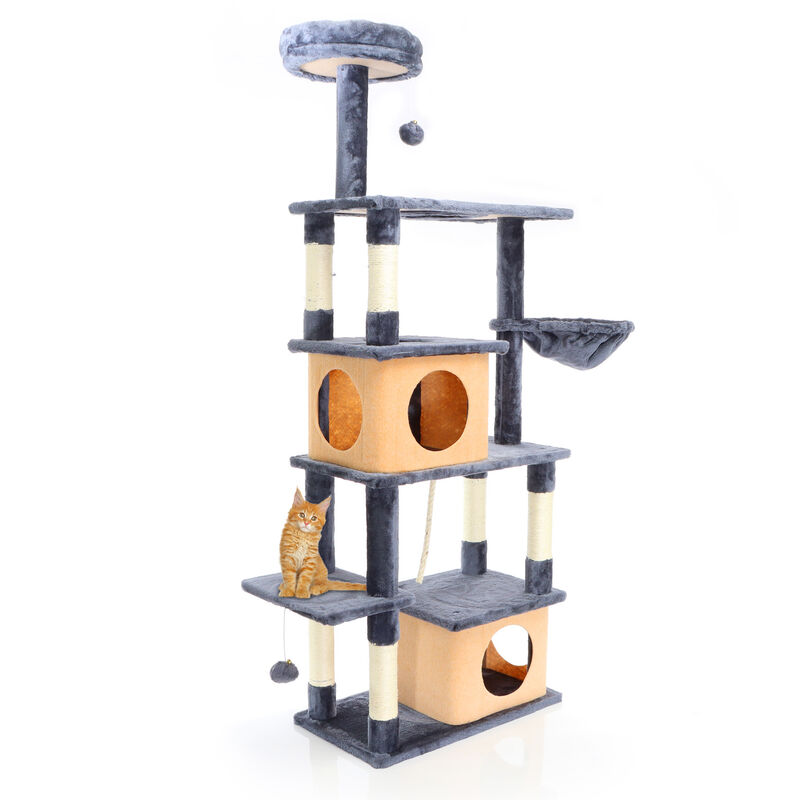 Fudajo - Kratzbaum in Dunkelgrau 161 cm hoch, Katzenkratzbaum mit 2 Katzenhäusern, Katzenbaum mit Liegemulde u. Plattformen, Katzenmöbel mit