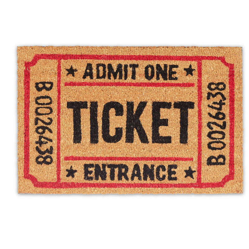 Relaxdays - Fußmatte Ticket aus Kokos, HxBxT: 1,5 x 60 x 40 cm, außen, rutschfest, Vintage, Kokosfaser, Gummi, mehrfarbig