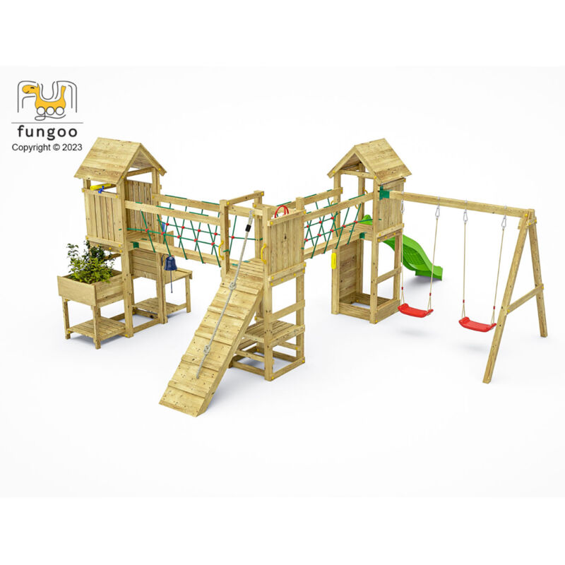 Spielturm 'Maxi Funny Optimizer', teak, mit Rutsche, Doppelschaukel, Verbindungselemente, Kletterwand - Fungoo