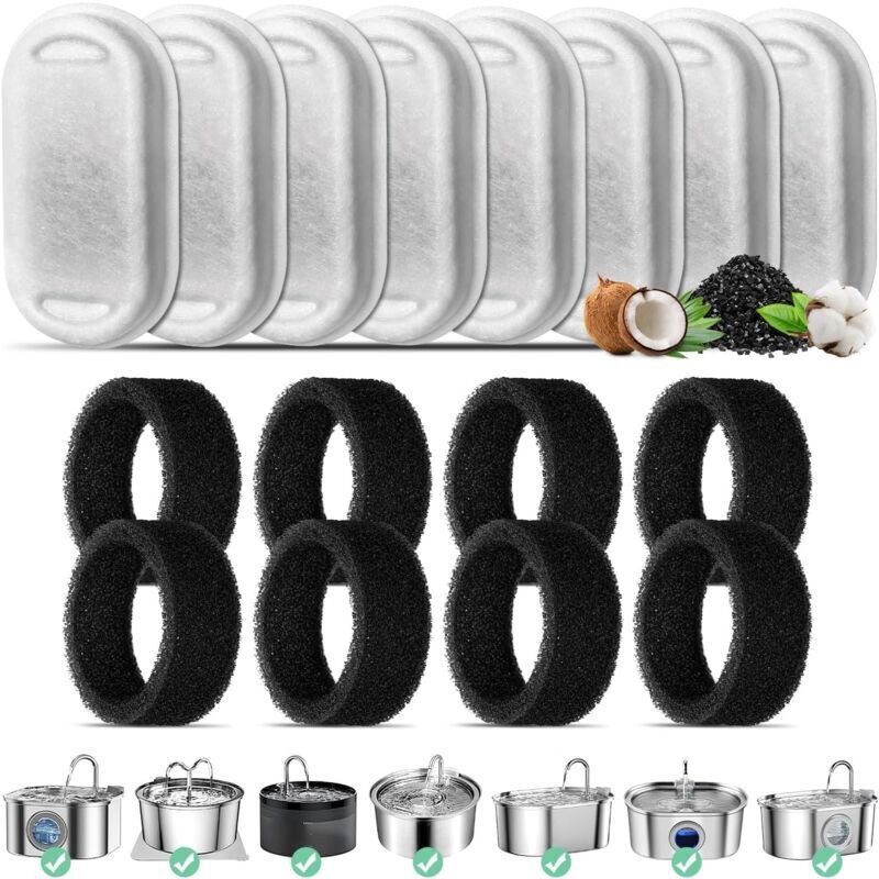 Für 3,2-l-/2-l-Edelstahl-Katzenbrunnen, 8 Filter mit Aktivkohle und 8 Schaumstofffilter für Katzenbrunnen