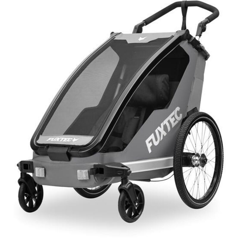 FUXTEC Fahrradanhänger FX-FA1S, Einsitzer faltbar mit Kupplung, Schiebegriff, Regenschutz, 5-Punkt-Gurt, max. Zuladung 35 kg