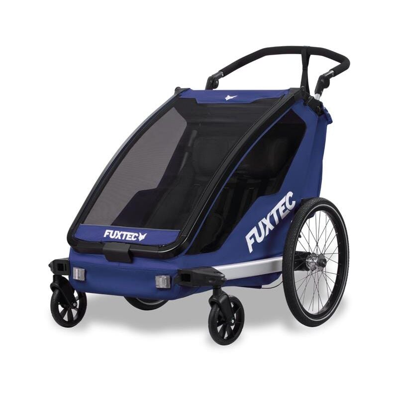 Fahrradanhänger Sportfux, 2 Sitzplätze, Hecktasche mit Reflektoren und Schiebegriff, Regen- und Sonnenschutz, faltbar Blau FX-FA1 Fuxtec