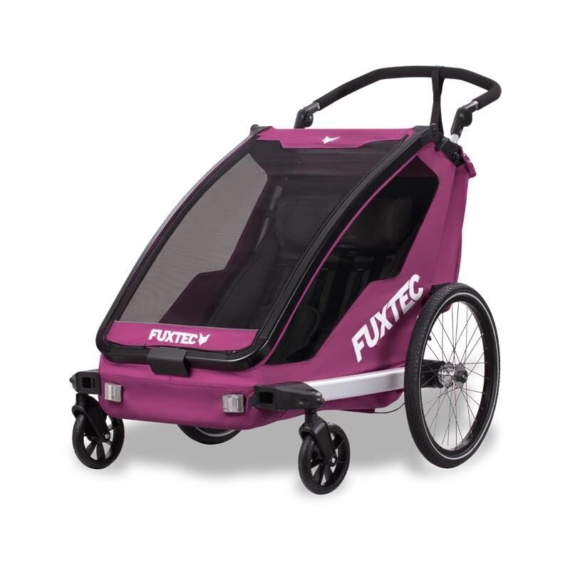 Fahrradanhänger Sportfux, 2 Sitzplätze, Hecktasche mit Reflektoren und Schiebegriff, Regen- und Sonnenschutz, faltbar Purpur FX-FA1 FUXTEC
