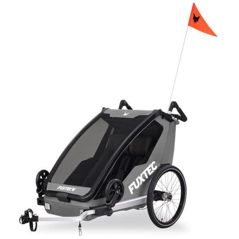 Fahrradanhänger FX-FA1 Sportfux, 2 Sitzplätze, Hecktasche mit Reflektoren und Schiebegriff, Regen- und Sonnenschutz, faltbar, grau - Fuxtec