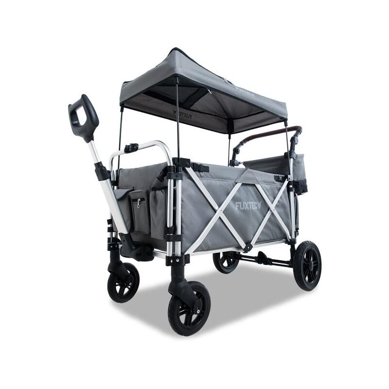 Bollerwagen faltbar FX-CTL950 Grau mit Dach - Transportwagen klappbar Hecktasche, Komfort-Schiebegriff & Innenraumverlängerung 5-Punkt-Gurt