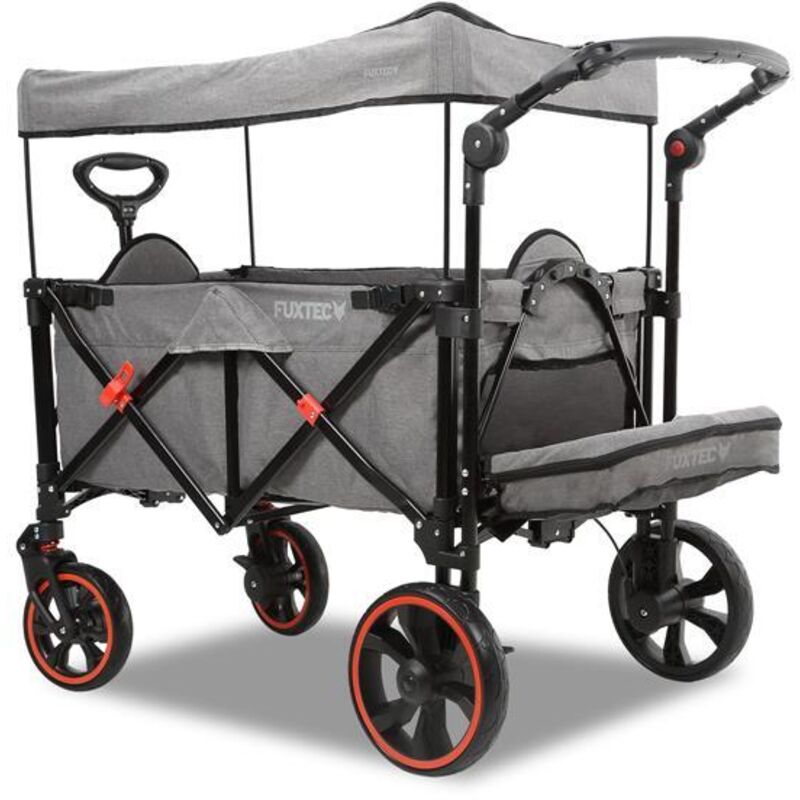 FUXTEC faltbarer Bollerwagen FX-CTC850 Grau – extra klein klappbar mit Dach, Feststellbremse, Komfort-Gummi-Reifen, Innenraumverlängerung &