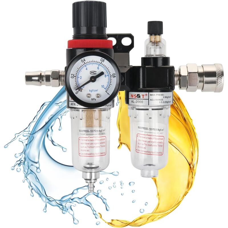 1/4 Druckluftregler Filter, Druckluft-Druckminderer, Druckluft-Wasserabscheider, Kompressor-Luftdruckregler mit Manometer für Kompressor und