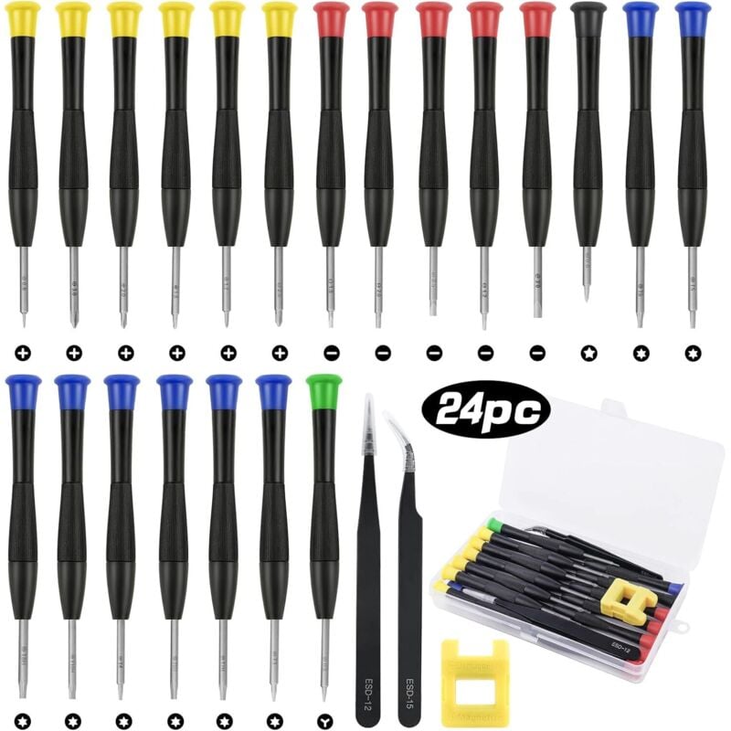 Gabrielle - 24-teiliges Mini-Reparaturwerkzeug-Set, Präzisionsschraubendreher, PC-Brille, PS4-Uhr, Schmuckbrille, Handy mit 2 Zangen, Magnet und