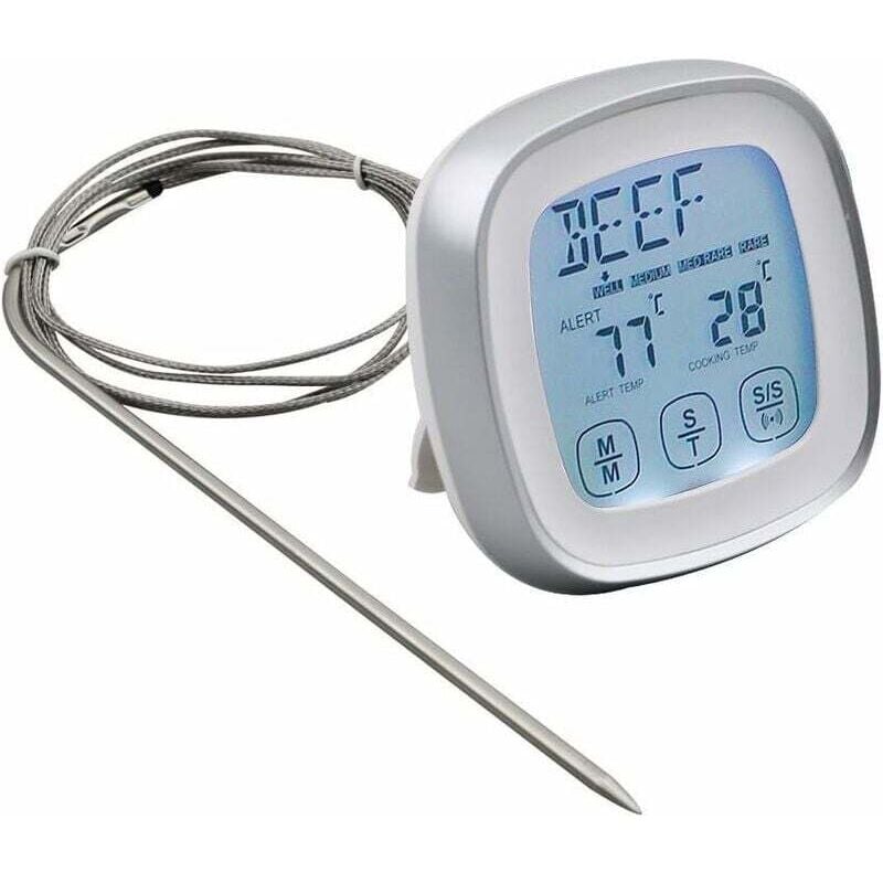 Fleischthermometer, sofort ablesbares Lebensmittelthermometer, digitales Thermometer mit Timer-Alarmsonde für Ofen, Küche, Grillen, Smoker (Silber)