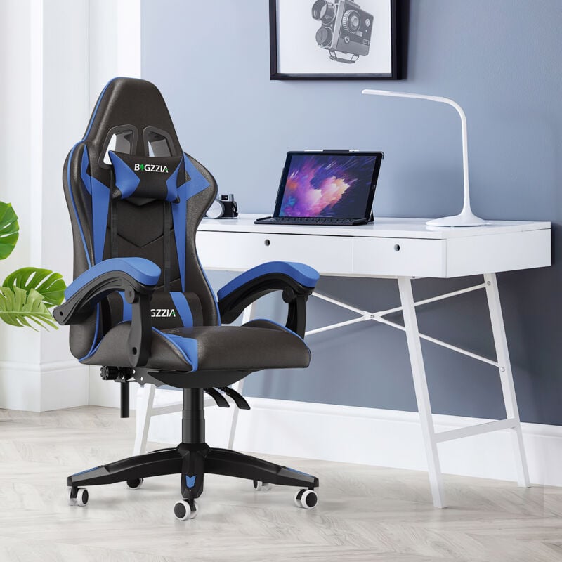 Gaming Stuhl 120kg - BIGZZIA - Gaming Sessel - Racing Gaming Stuhl - Computer stuhl mit rollen - Schwarz Blau