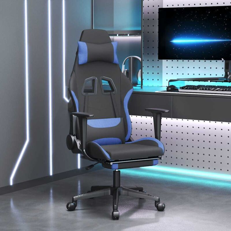 The Living Store Gaming-Stuhl mit Massage & Fußstütze Schwarz und Blau Stoff - Gaming Stuhl - Gamer Chair - BürostuhI - Ergonomischer Stuhl - PC Stuhl