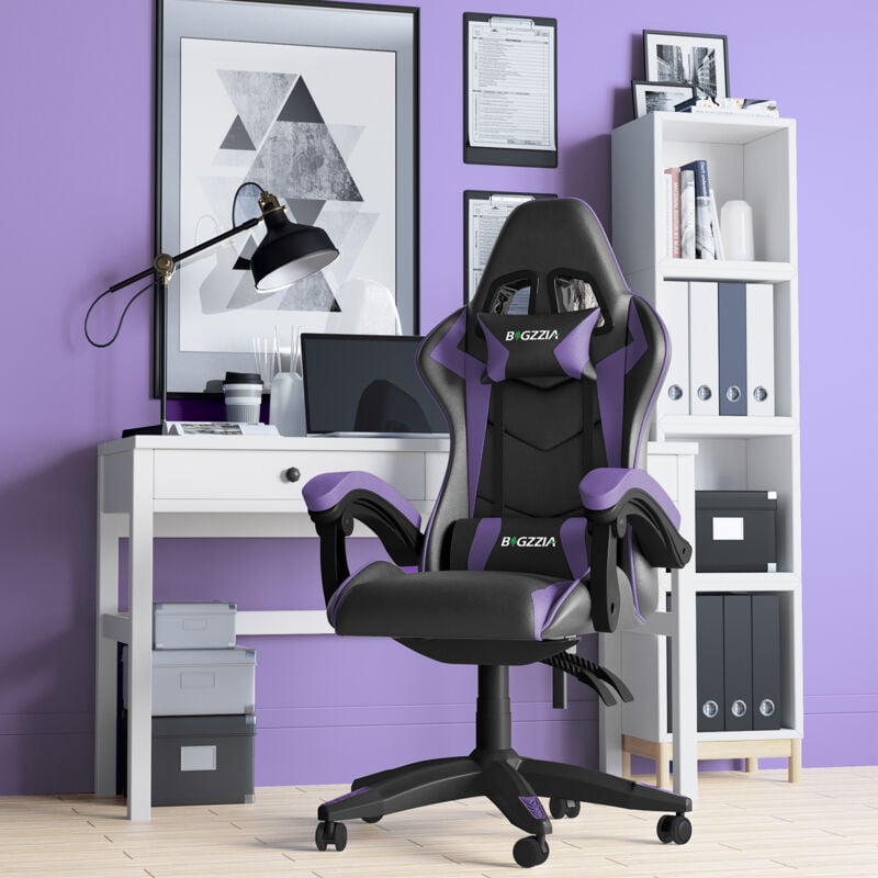 Gaming Stuhl 120kg - BIGZZIA - Gaming Sessel - Racing Gaming Stuhl - Computer stuhl mit rollen - Schwarz Violett