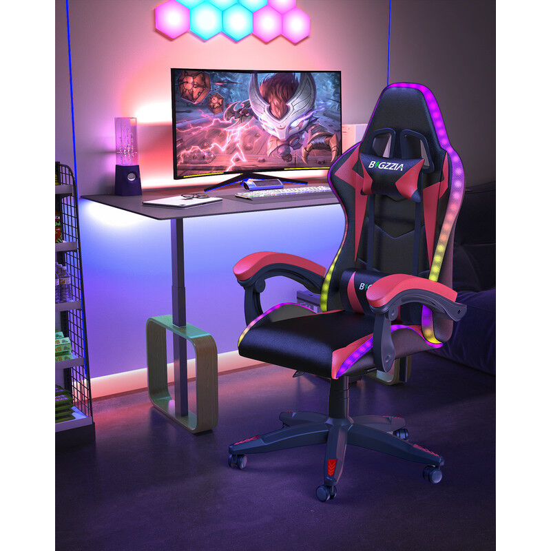 Gaming stuhl led Bigzzia Racing Gaming Stühle rgb -mit Verstellbare Kopfstütze - Lendenwirbelstütze - Liegefunktion - Gamer stuhl für Jugendliche