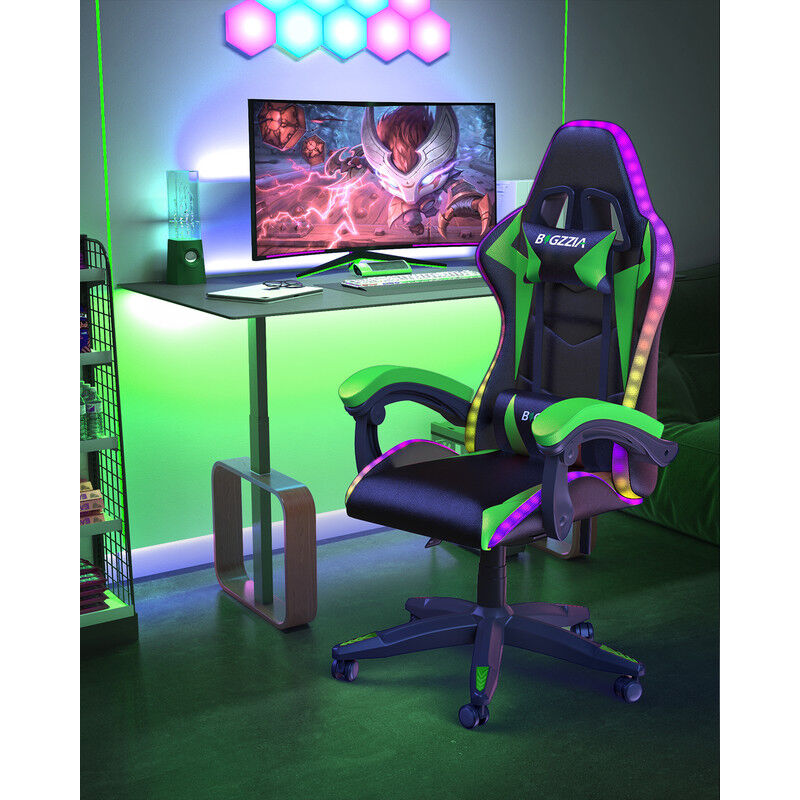 Gaming stuhl led - bigzzia Racing Gaming Stühle RGB -mit Verstellbare Kopfstütze - Lendenwirbelstütze - Liegefunktion - Gamer stuhl für Jugendliche