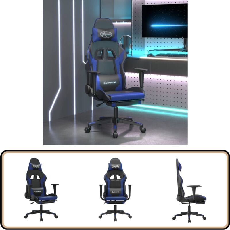 Gaming-Stuhl mit Fußstütze Schwarz und Blau Kunstleder - Gaming-Stuhl - Gamer Chair - Bürostuh - PC-Chair - Ergonomischer Stuhl