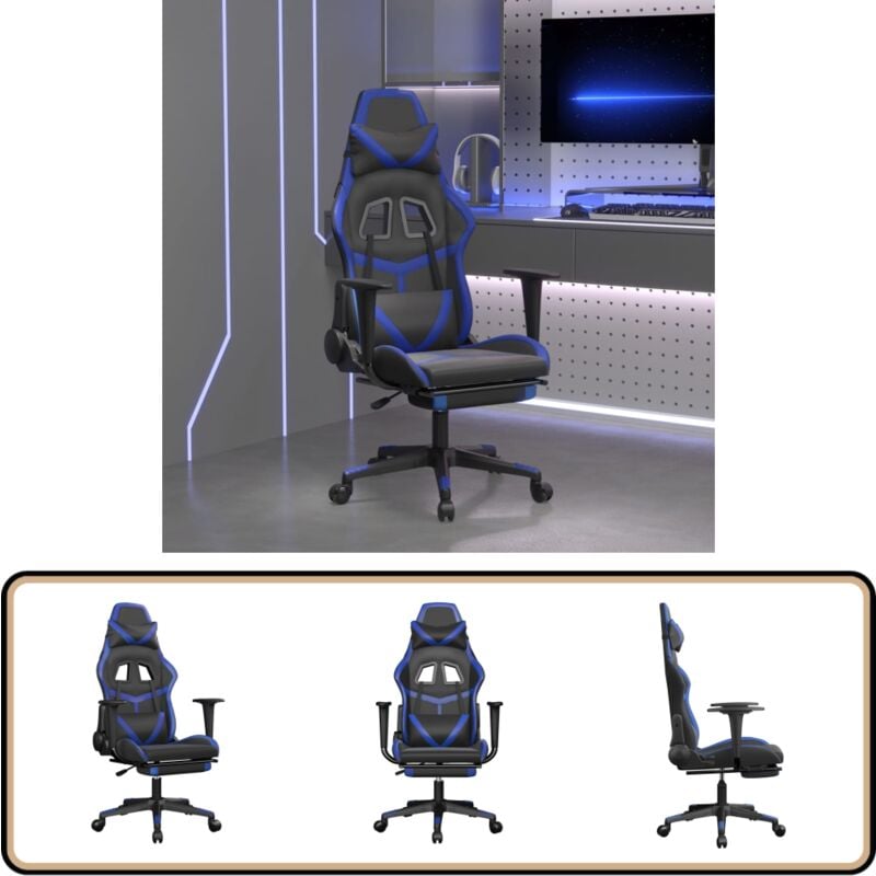 Gaming-Stuhl mit Fußstütze Schwarz und Blau Kunstleder - Gaming-Stuhl - Gamer Chair - Bürostuhle - PC-Chair - Ergonomischer Stuhl