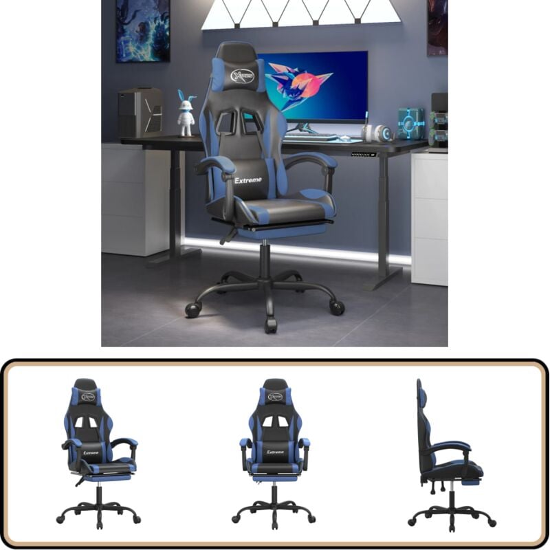 Gaming-Stuhl mit Fußstütze Schwarz und Blau Kunstleder - Gaming-Stuhl - Gamer Chair - PC-Chair - Bürostuhl - Ergonomischer Stuhl