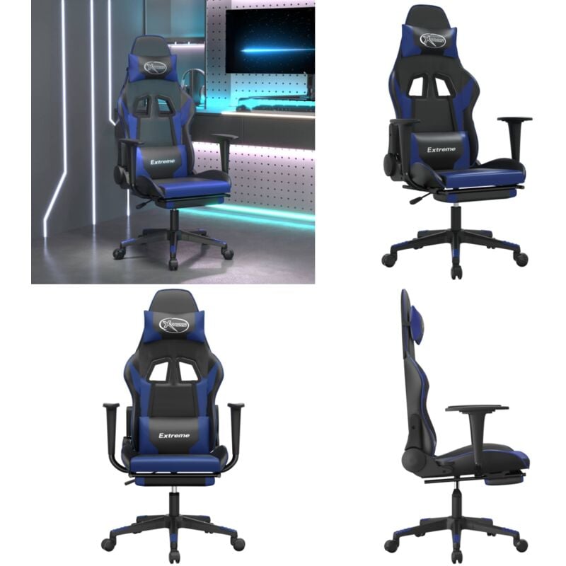 Gaming-Stuhl mit Fußstütze Schwarz und Blau Kunstleder - Gaming-Stuhl - Gamer Chair - Bürostuh - PC-Chair - Ergonomischer Stuhl - Home & Living