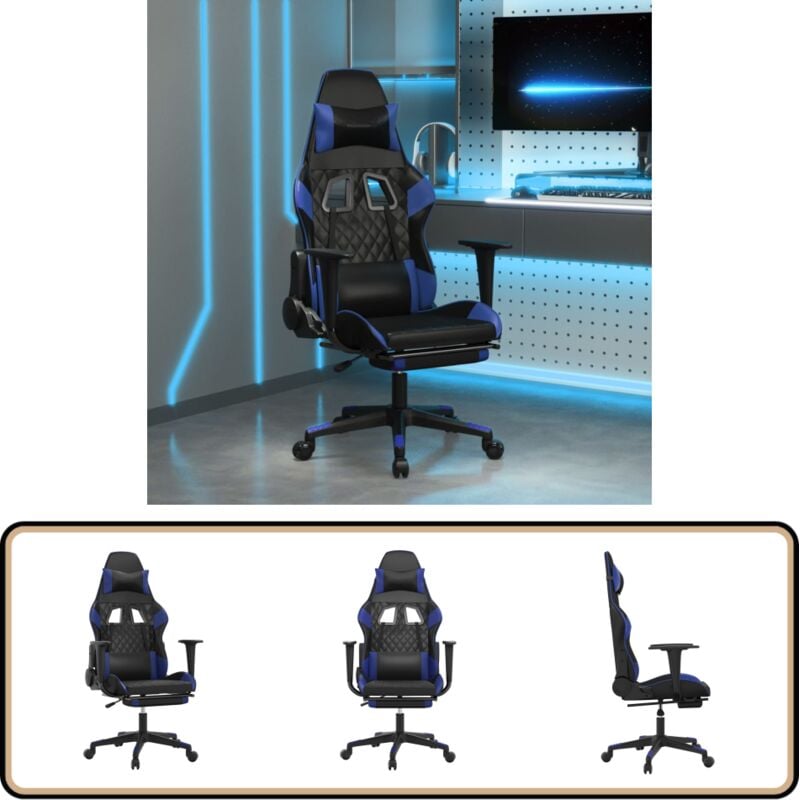 Gaming-Stuhl mit Fußstütze Schwarz und Blau Kunstleder - Gaming Stuhl - PC Stuhl - Gamer Chair - Bürostuhll - Ergonomischer Stuhl